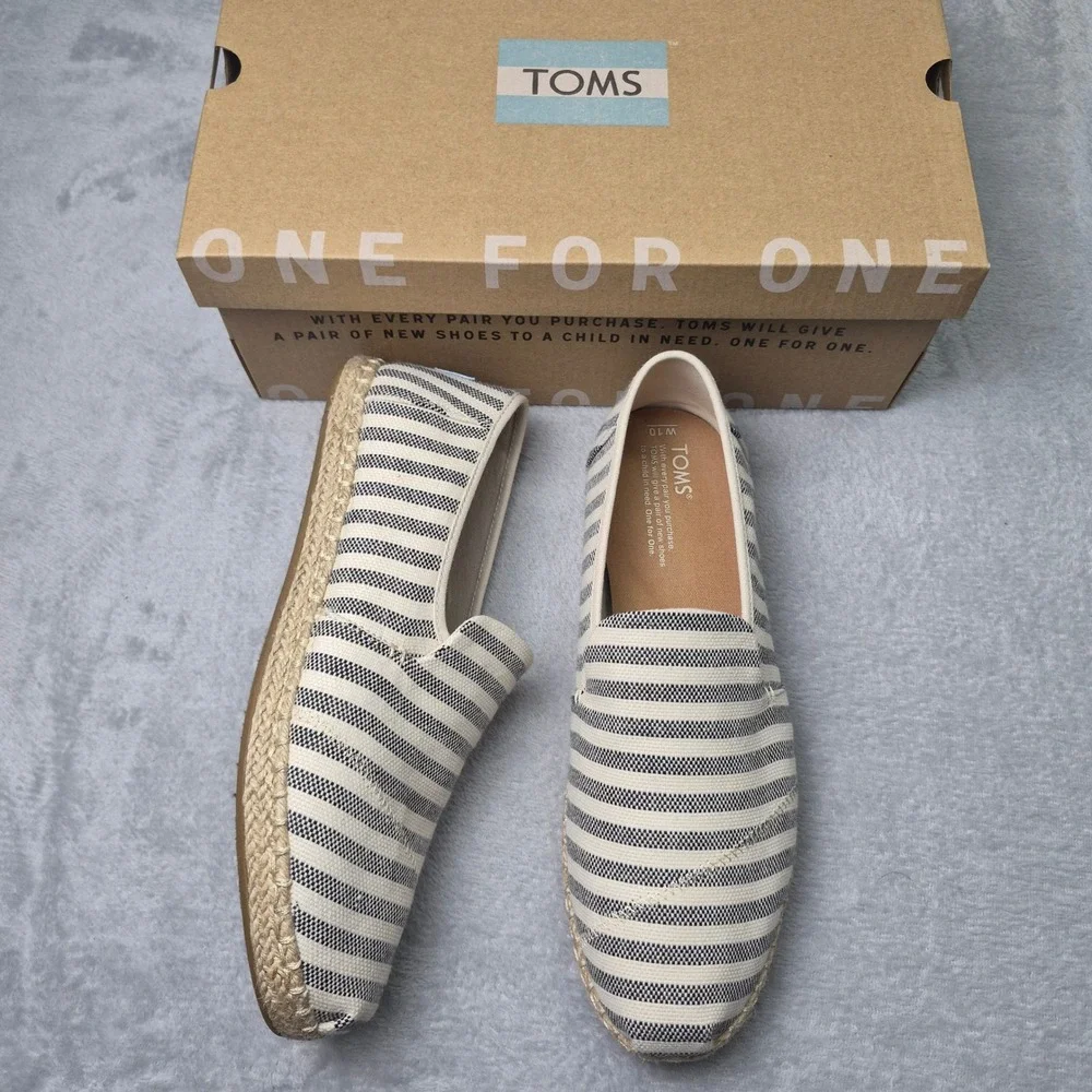 TOMS Alpargata Espadrille Black White Striped Canvas Slip On Shoes Women 10